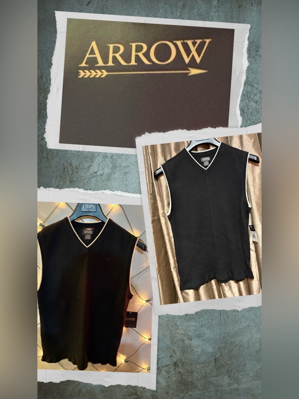 Arrow Men’s Black V-Neck Sweater Vest with Cream Trim #1822